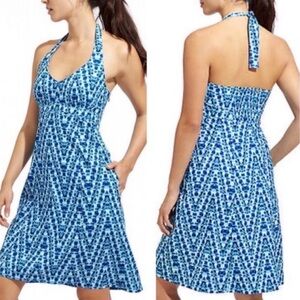 Athleta Aqualuxe Halter Dress Blue Chevron Geometric Print Pockets Small TieDye